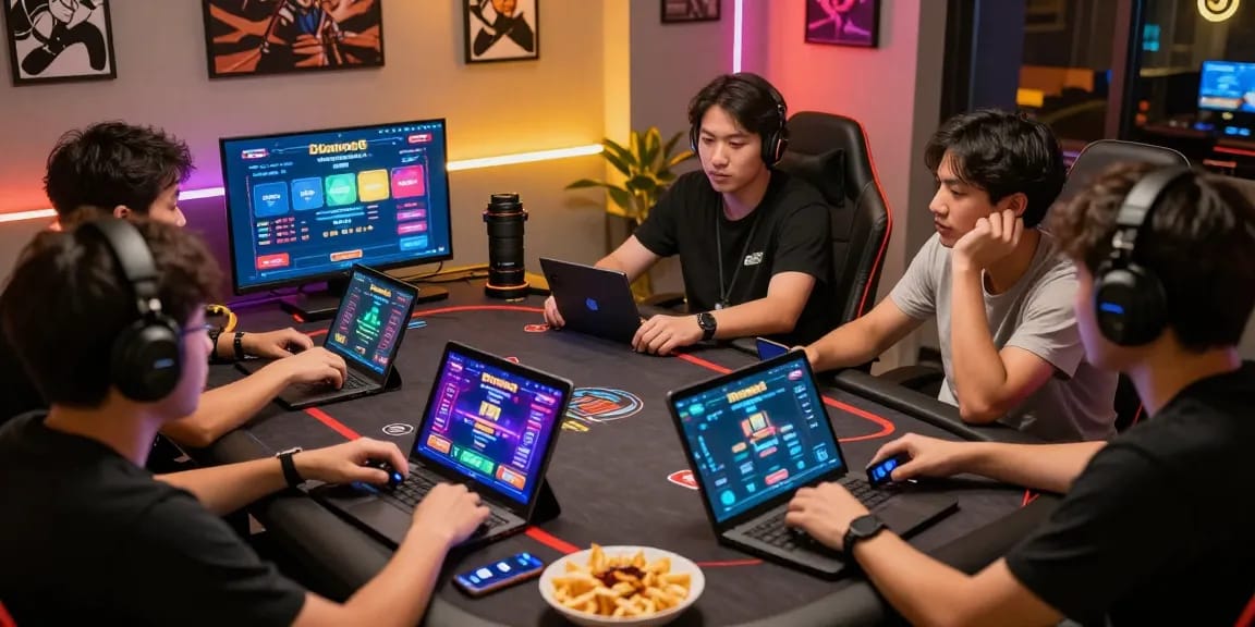 Exciting gaming group intensely engaged with Daftar Domino8 online poker platform during a vibrant gaming session.