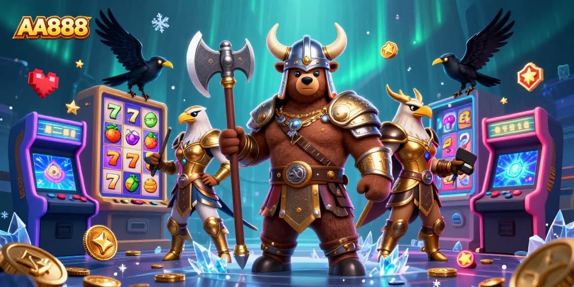 Experience the excitement of AA888 with a Viking bear and Valkyrie eagle amidst dazzling slot reels.