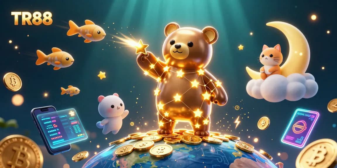 Join the excitement of TR88 as a golden constellation bear collects coins amidst cryptocurrencies and gaming elements.