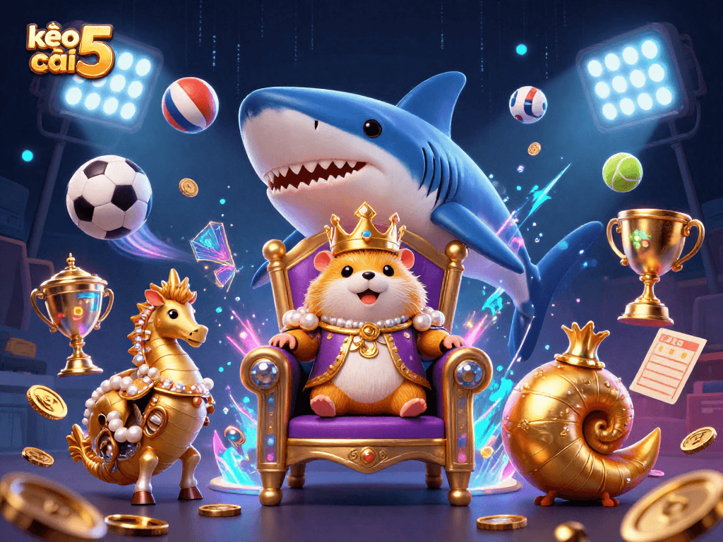 Engage with the thrilling kèo nhà cái 5 action featuring a golden hamster king amid vibrant sports elements.