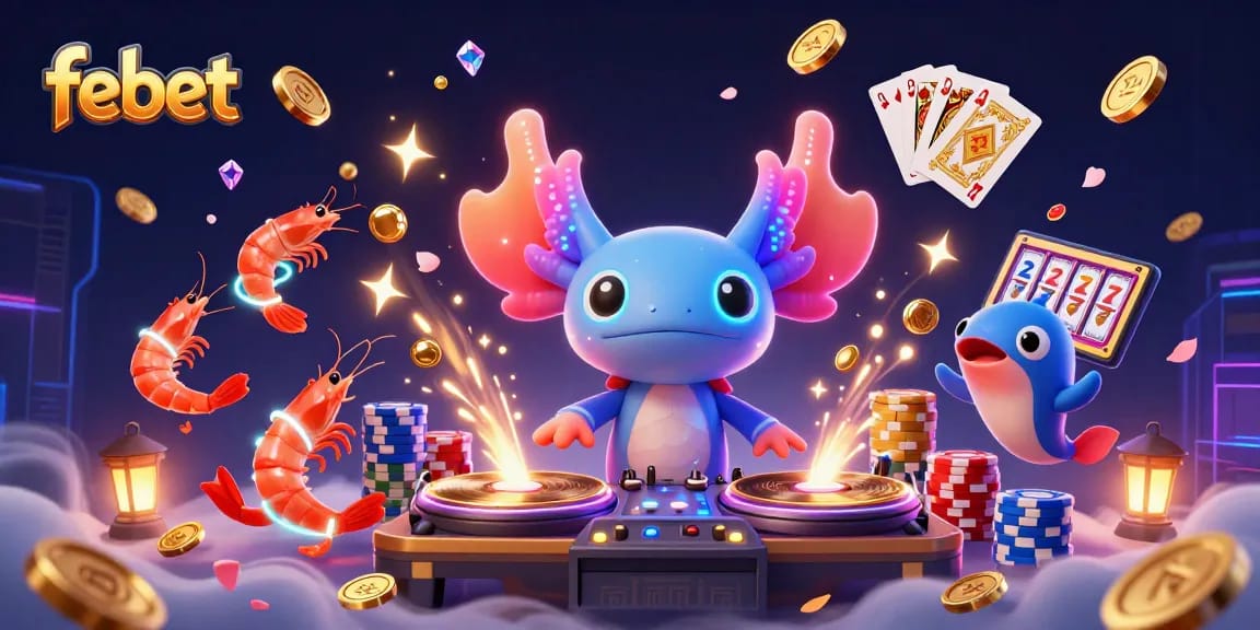 Join the fun with febet's vibrant 3D casino scene featuring dynamic characters and exciting gaming elements.