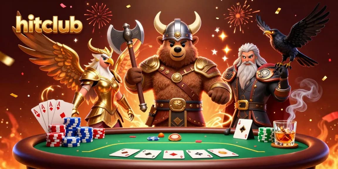 Hitclub features a Viking bear and Valkyrie eagle amidst poker chips and cards, showcasing vibrant casino action.
