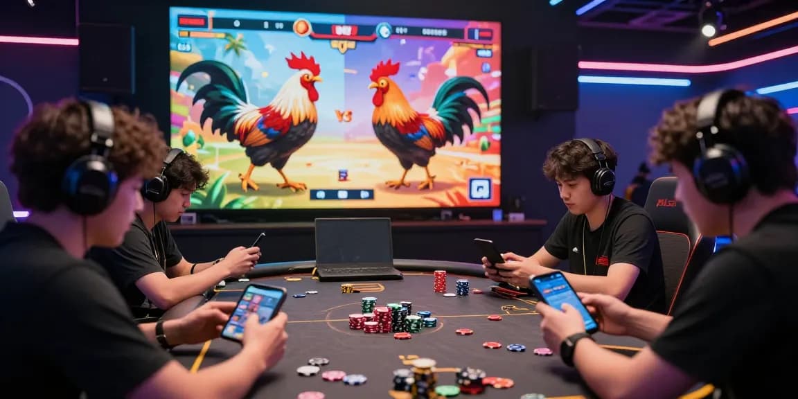 Cổng game GA65 với không gian thi đấu nhộn nhịp, màn hình rõ nét về đá gà trực tuyến và người chơi phấn khích.