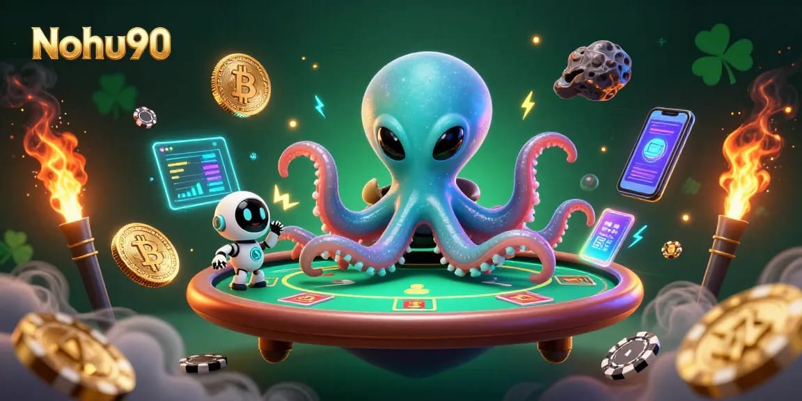 Nohu90 showcases an alien octopus enjoying poker with cryptocurrency elements floating in a vibrant 3D scene