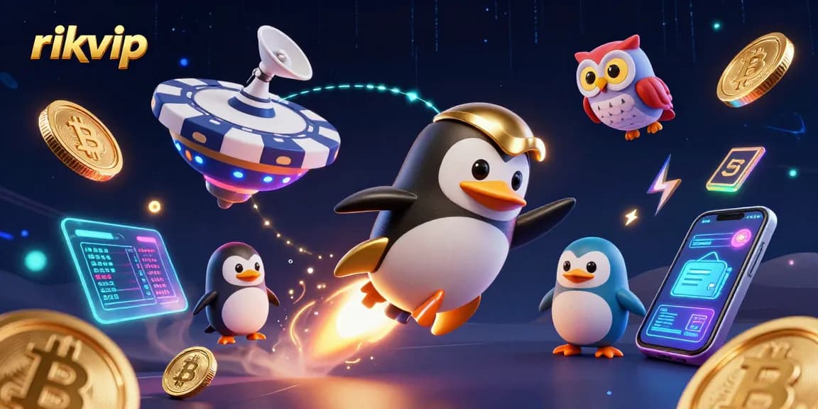 Experience rikvip casino thrills with golden penguins and crypto elements in vibrant 3D!