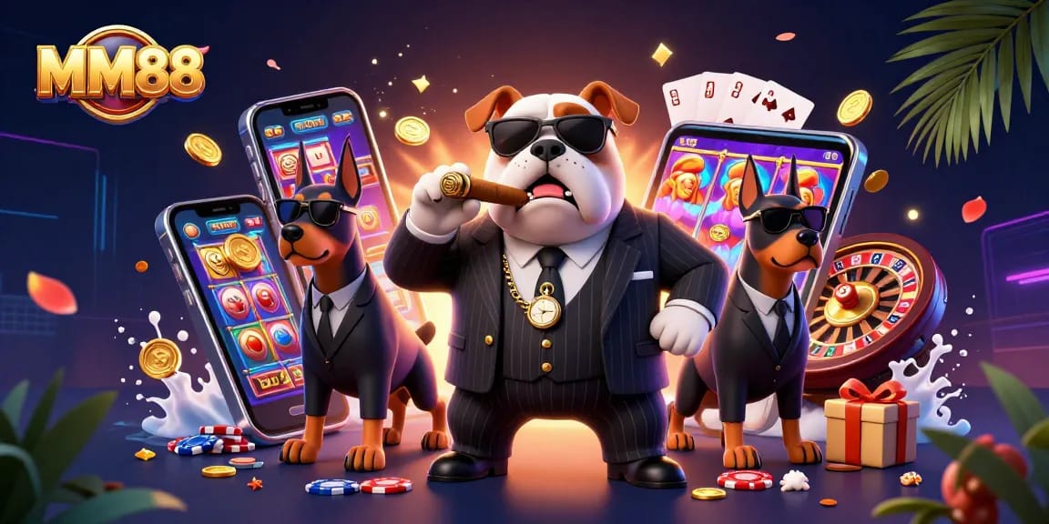 Engage with MM88 slot games in a vibrant casino scene featuring a bulldog boss and bodyguards.