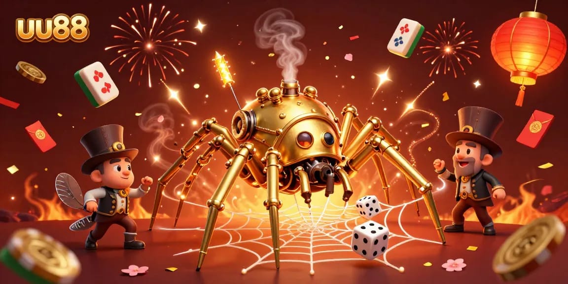 Experience thrilling luck at uu88 with a steampunk spider webbing gold and dice in a vibrant casino illustration.