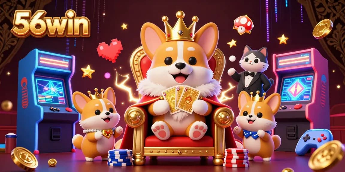 Experience the excitement of 56win with a royal corgi on a poker chip throne amidst vibrant gaming elements.