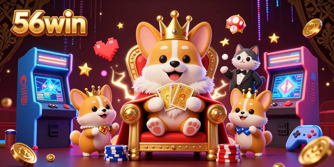 Experience the excitement of 56win with a royal corgi on a poker chip throne amidst vibrant gaming elements.
