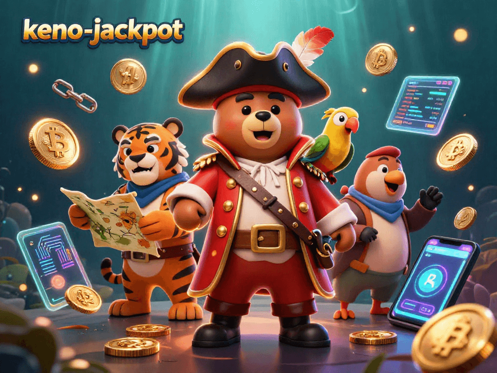Betters engage with keno-jackpot game, featuring vibrant characters and dynamic elements.