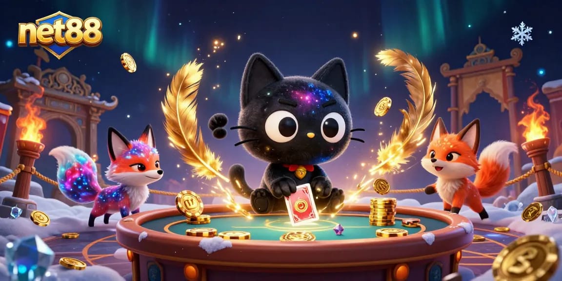 Bet on exciting games at net88 cosmic casino table with enchanting black hole cat.