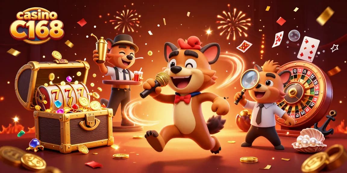 Experience the excitement of casino C168 with dynamic characters and vibrant gaming elements.