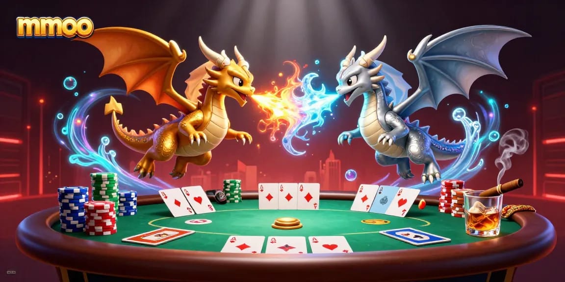 Experience dynamic gameplay with mmoo's vibrant casino atmosphere featuring dragons, poker elements, and rich colors.