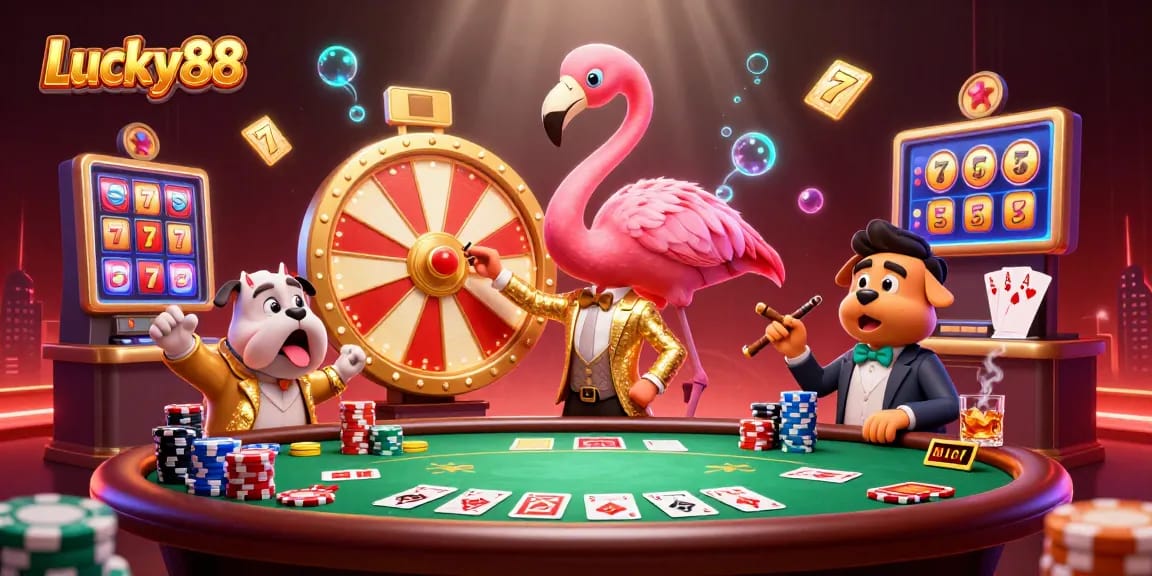 Exciting Lucky88 gameplay scene featuring a game show host, bulldog contestant, and scoreboard assistant surrounded by various dynamic gambling elements.