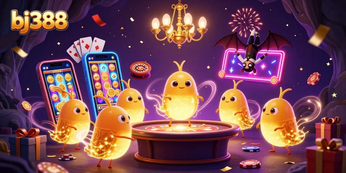 Enjoy exciting bets at bj388 with vibrant casino elements and glowing characters lighting the action