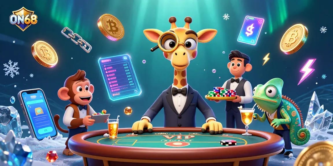 Engage with the ON68 gaming experience featuring a high-roller giraffe at a poker table.