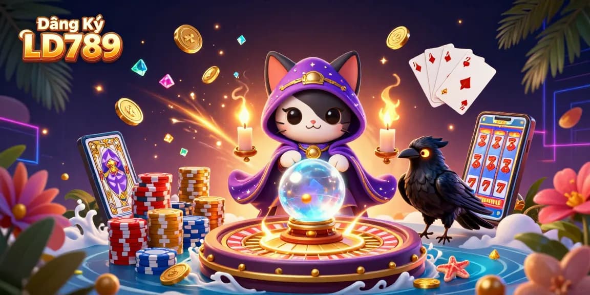 Engage in Đăng Ký LD789 with the mystical fortune teller and vibrant casino elements illustrated vividly.
