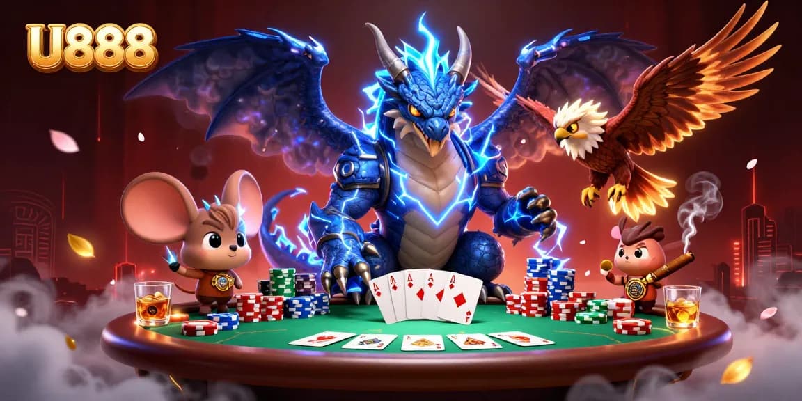 Experience thrilling U888 casino action with a dynamic 3D illustration featuring poker elements and magical characters.