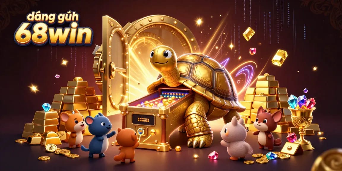 Engage in the fun of đăng ký 68win, illustrated with a vibrant casino animal scene filled with treasures.