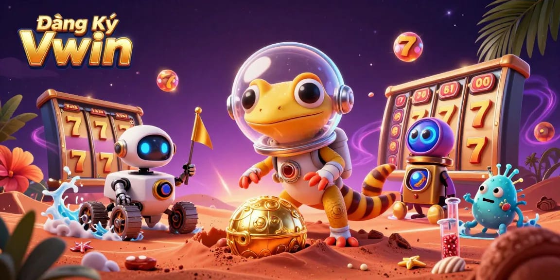 Experience Đăng Ký VWIN with a dynamic visual of a Martian gecko discovering a golden casino.