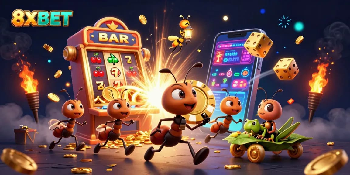 8XBET spices up the thrill of online gaming with a vibrant, dynamic illustration featuring ants on a heist.