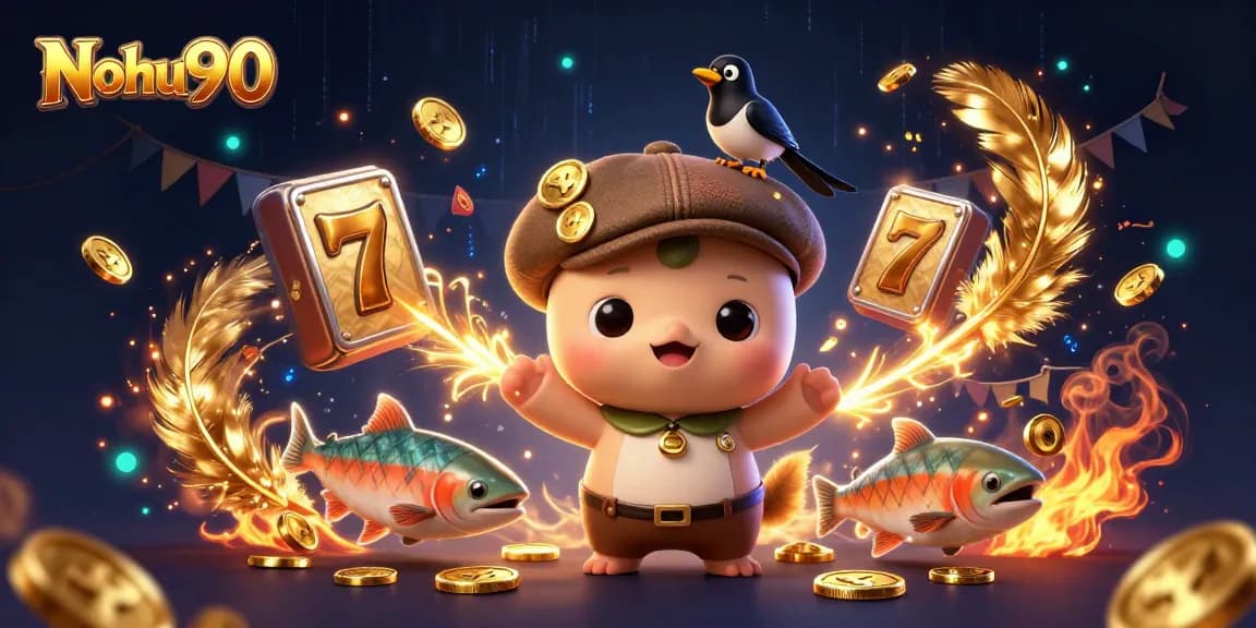 Nohu90 enchants gamers with captivating cartoon scene showcasing dynamic slots and playful characters.