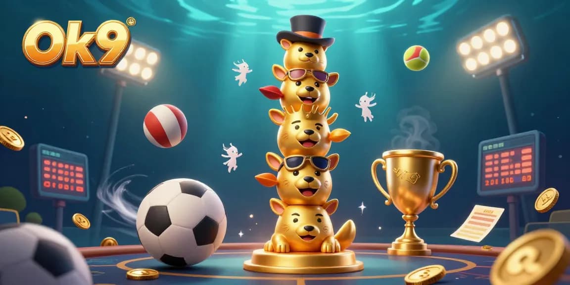 Experience thrilling sports betting action at Ok9 with a vibrant 3D casino scene featuring dynamic game elements.