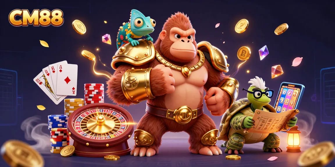 Experience thrilling gaming with CM88's vibrant casino scene featuring dynamic characters and vibrant gambling elements.