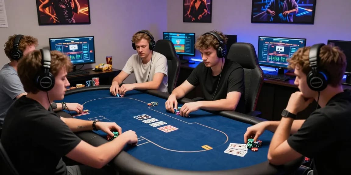 Dewapoker online poker game featuring engaged players competing on sleek interfaces in a vibrant home gaming setup.