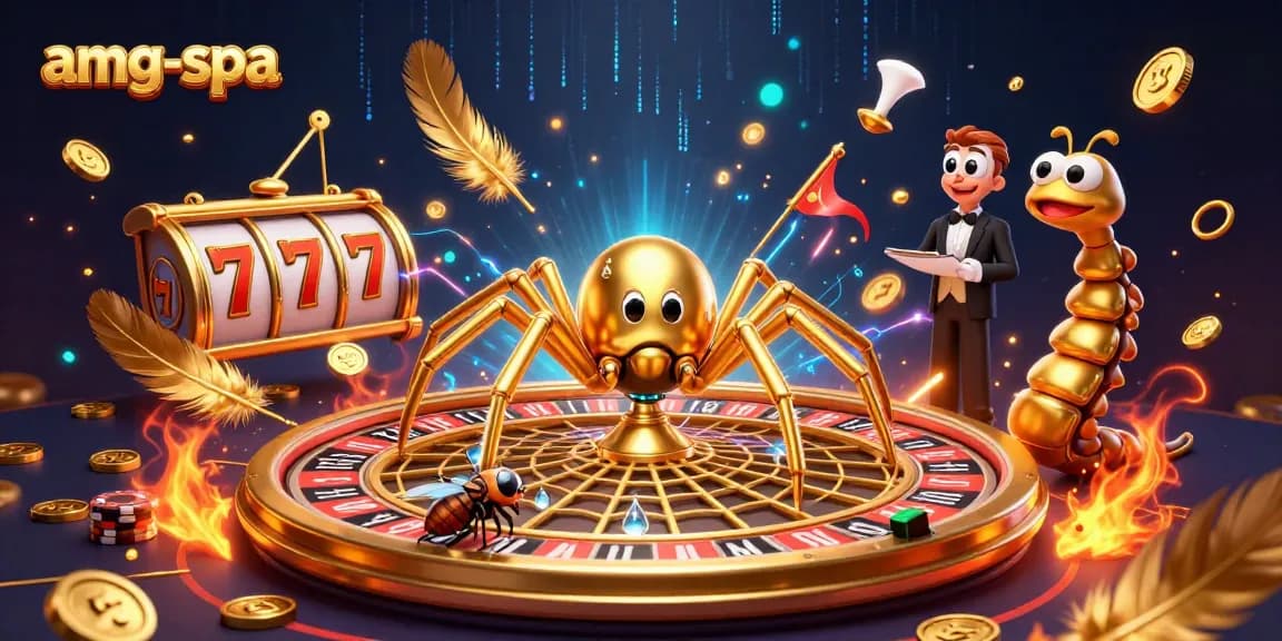 Spin the wheel with amg-spa: a golden spider weaves a roulette web in a vibrant casino scene.