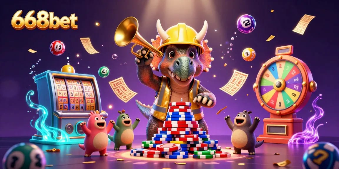 Engage with 668bet's casino excitement in this vibrant 3D scene featuring animated characters and dynamic gaming elements.