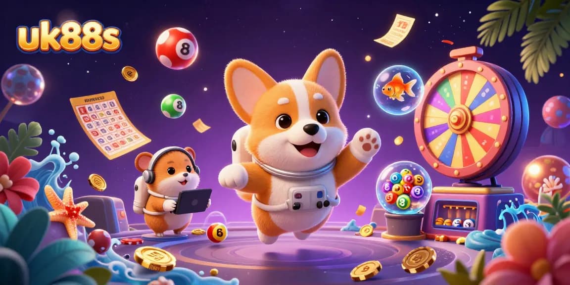 uk88s showcases a vibrant space casino scene with a floating astronaut corgi and colorful lottery elements