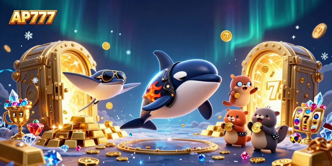 AP777 Casino showcases thrilling slot adventures with vibrant illustrations of sea creatures.