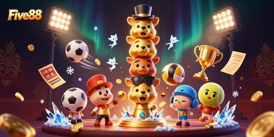 Experience the excitement of Five88 with dynamic sports betting elements and a golden totem pole character.