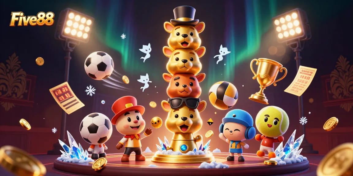 Experience the excitement of Five88 with dynamic sports betting elements and a golden totem pole character.