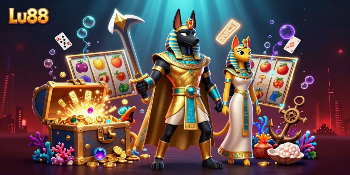 Experience thrilling slot excitement at Lu88 with vibrant gaming symbols and rich 3D characters.