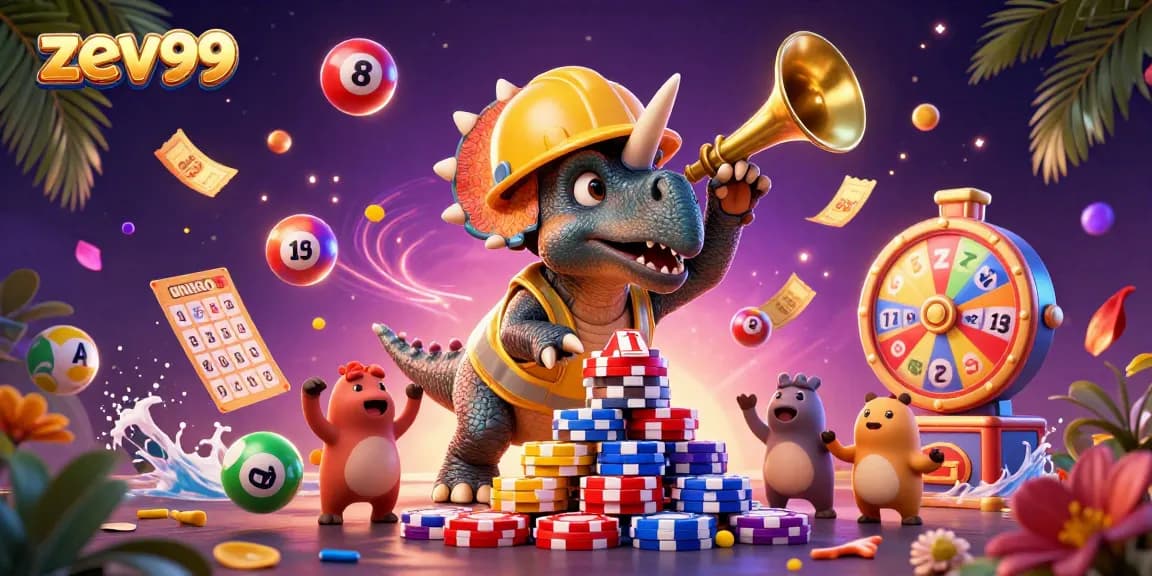 Engage with zev99 as triceratops builds poker chip pyramid amid vibrant casino elements.