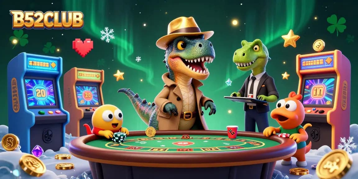 B52CLUB draws players into a vibrant casino experience featuring a velociraptor card counter and a stegosaurus pit boss.