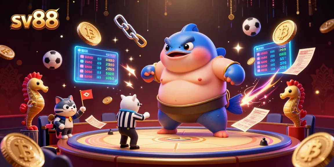 Bet on sporting events with sv88, featuring a lively underwater ring and active spectators around 3D characters.