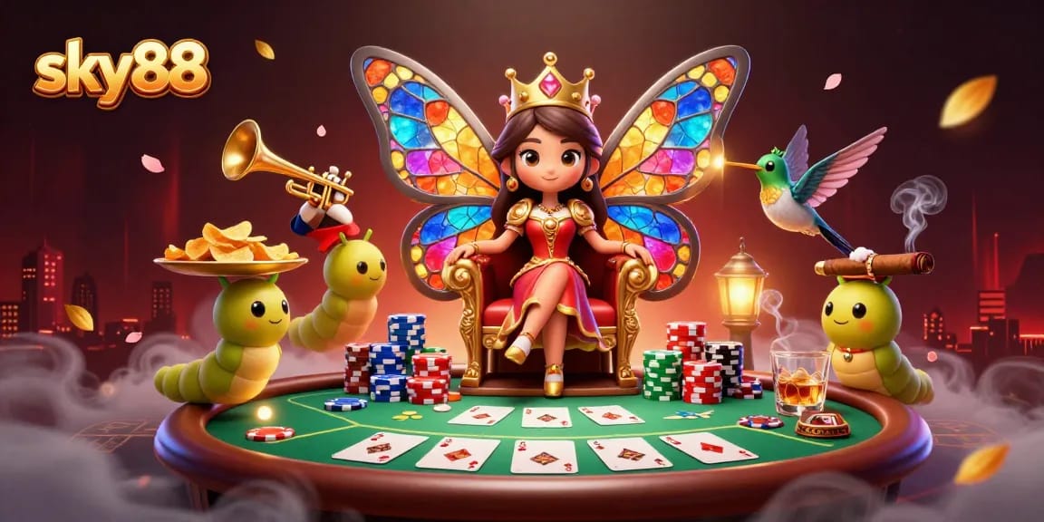 Engage with the sky88 casino atmosphere showcasing colorful poker elements and a vibrant butterfly queen
