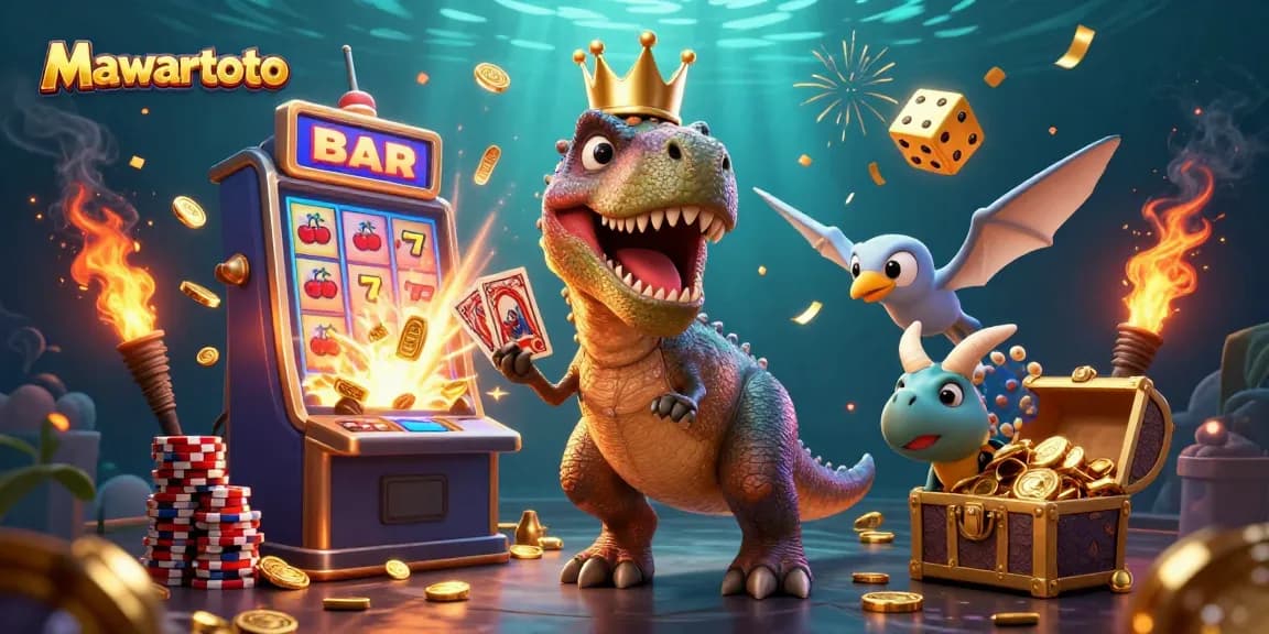 Mawartoto showcases a vibrant 3D casino scene with unique T-Rex and friends shuffling cards and stacking chips.