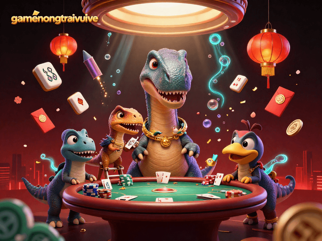 Experience thrilling poker action with gamenongtraivuive in this vibrant 3D casino illustration.