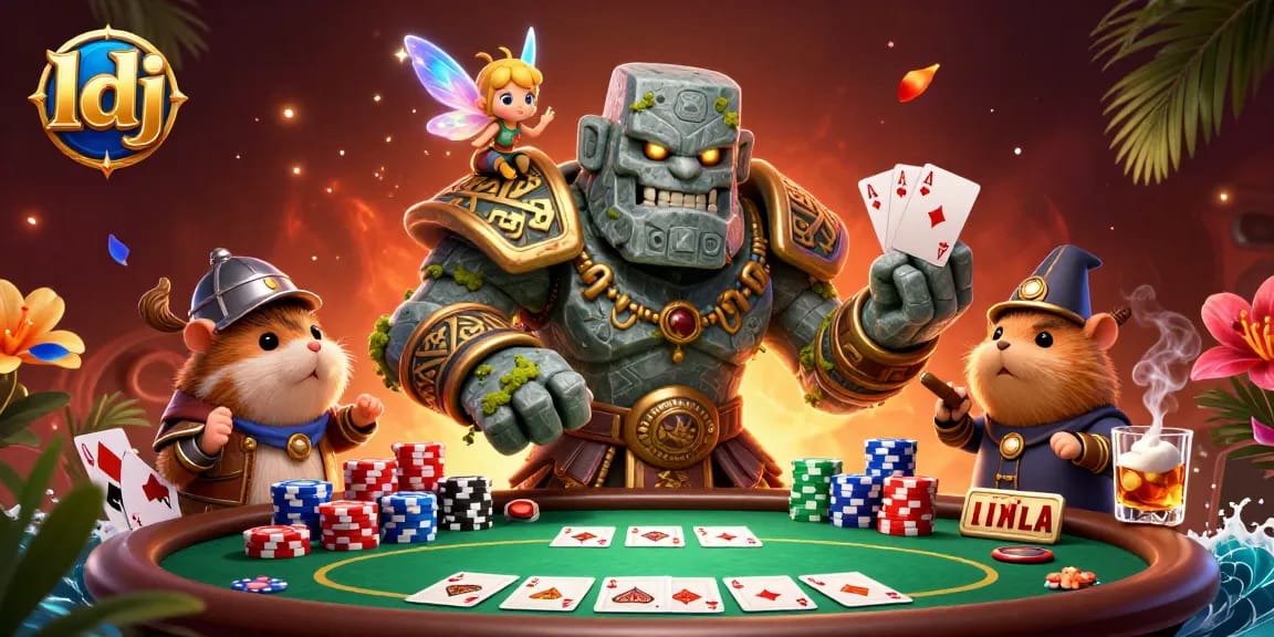 Experience the excitement of ldj casino with a dynamic 3D illustration of characters engaged in a poker game.