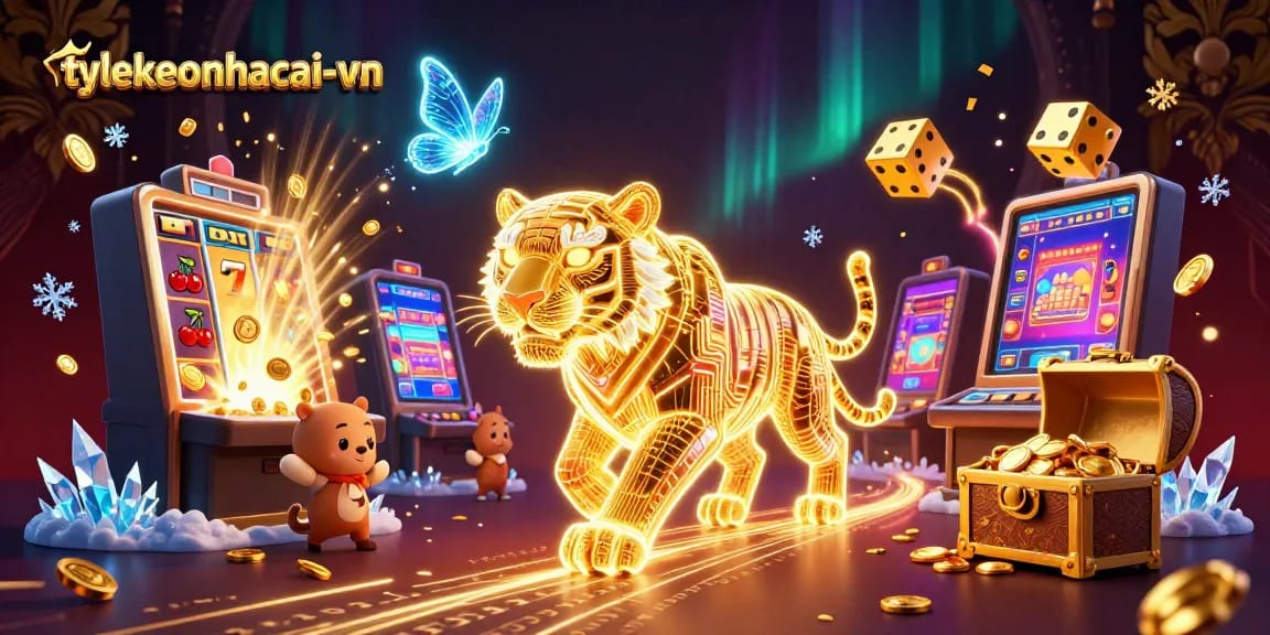 Experience thrilling jackpots at tylekeonhacai-vn with a fantasy casino scene featuring a golden tiger and vibrant slot machines.