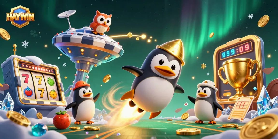 Experience HAYWIN by unveiling its vibrant casino adventure with a golden penguin amidst sparkling elements.