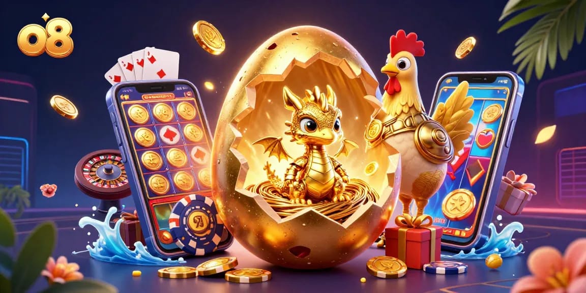 Experience dynamic gaming at o8 with a golden dragon guarding poker chips amid colorful slots and casino elements.