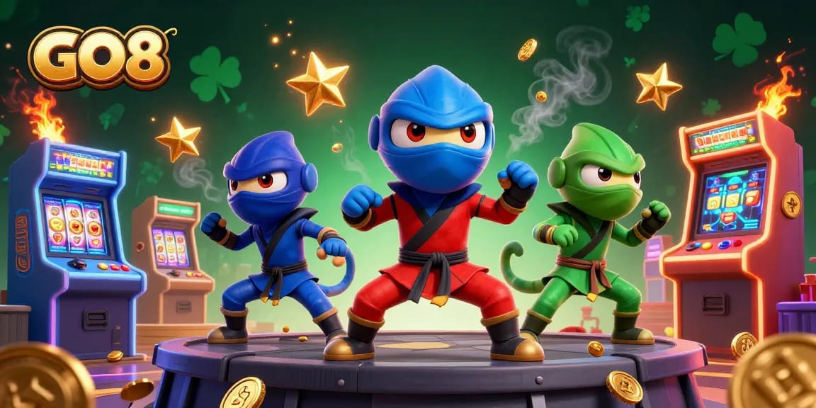 Engage in exciting gaming action at GO8 with vibrant casino visuals featuring ninja chameleons and immersive 3D elements.