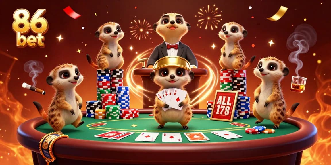Join the excitement at 86 bet with meerkats managing a lively casino scene featuring poker tables and vibrant celebrations.