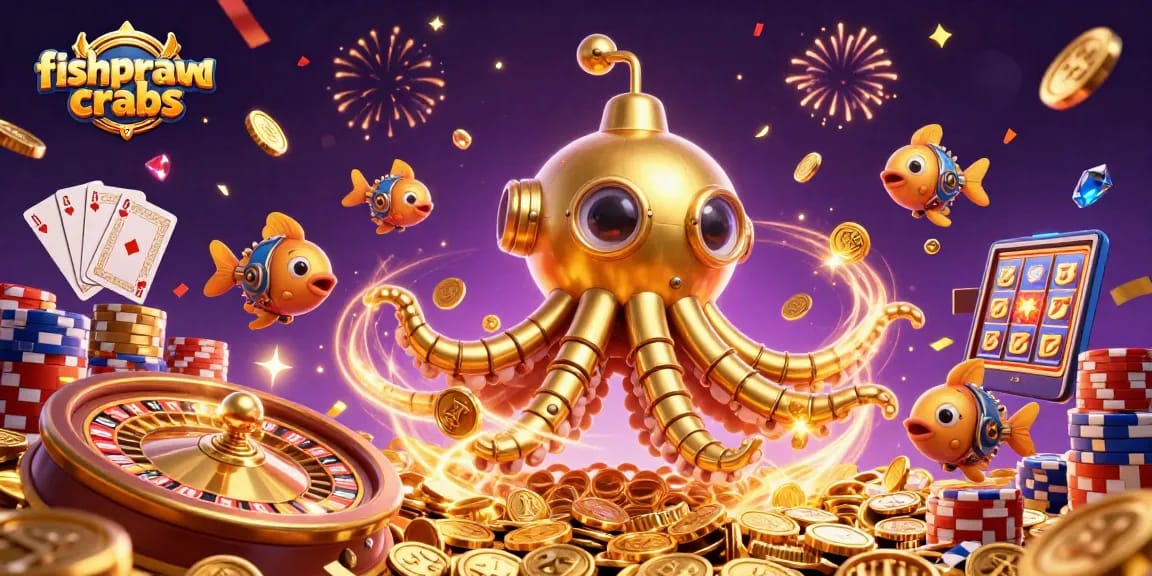 Experience winning moments with fishprawncrabs as mechanical fish swim with gold in vibrant casino atmosphere.