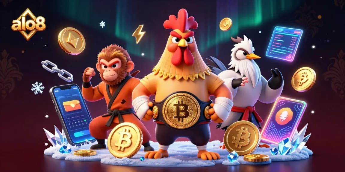 Alo8 offers electrifying casino experiences featuring a Muay Thai rooster and Shaolin monkey amidst vibrant crypto visuals.